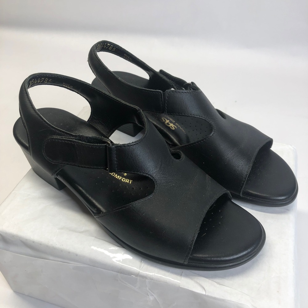 7M SAS Black Leather Open-Toe Slingback Sandals